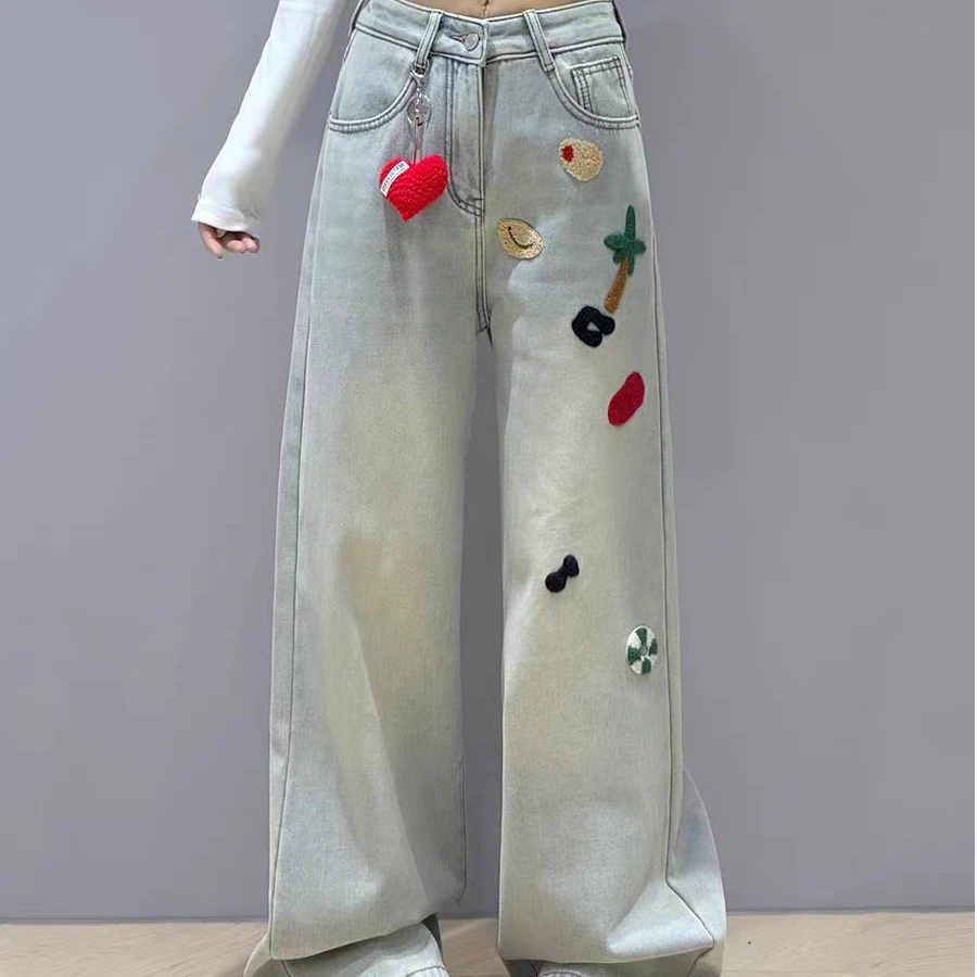 【FANG方方】韩版重工刺绣牛仔裤冬季新款浅色加绒保暖直筒拖地裤