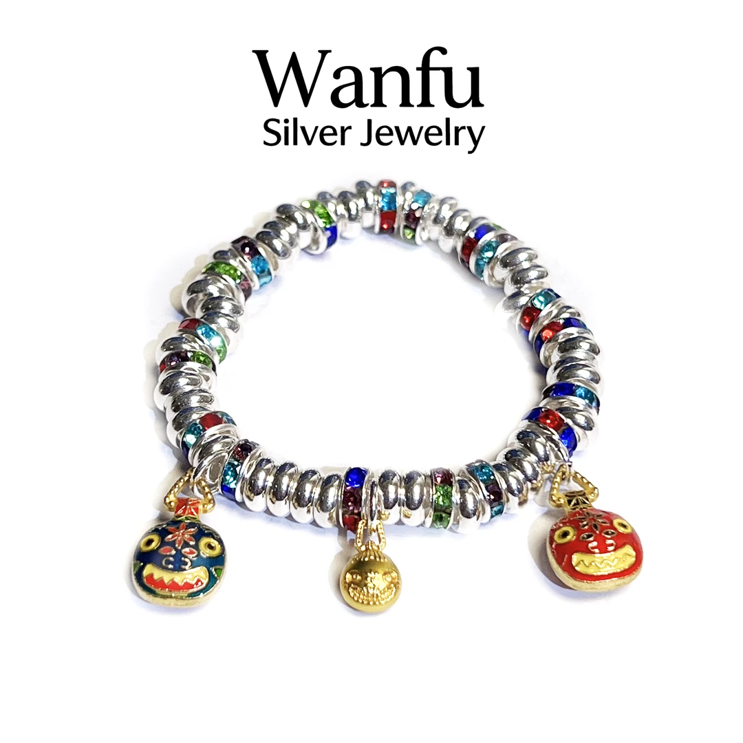 足银手链 彩色吞金兽描金盘缠银手链创意时尚百搭可爱手串民族风