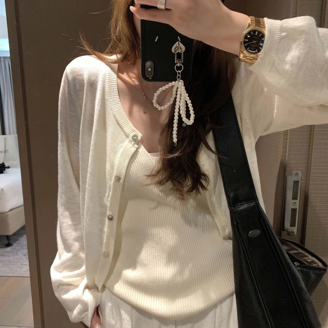 温柔风竹节麻开衫百搭蝴蝶结刺绣圆领薄款针织防晒衣外套女932