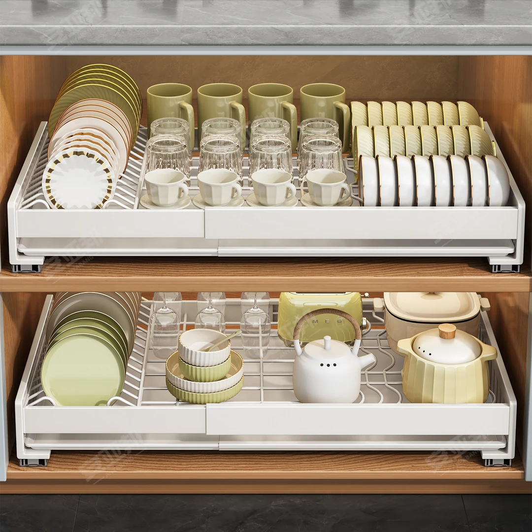 橱柜抽拉碗碟架厨房置物架柜内平网伸缩静音滑轨碗盘碟杯具收纳架