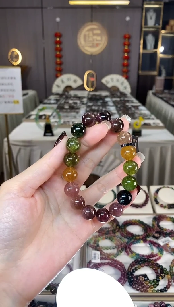 未镶嵌老矿碧玺色标彩虹单圈手串12mm+碧玺dan多样性发货一条