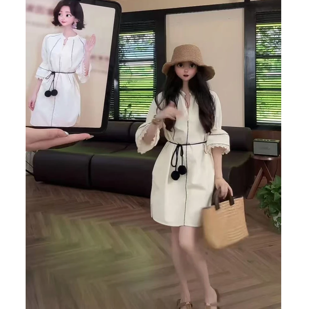 【现货】 Honey Slurp【天美】25059走秀款条纹v领套头连衣裙 象牙白