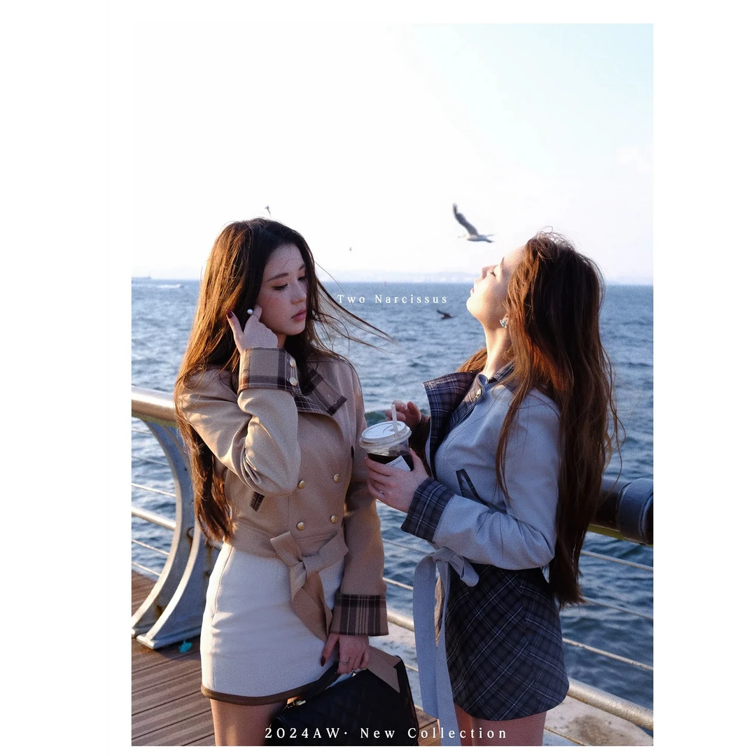 两只水仙封神风衣流浪丹宁风英伦风套装短款拼色风衣修身包臀裙