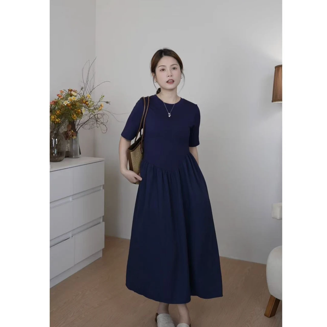 小个子短袖藏青色气质中长裙套头休闲圆领显瘦有口袋简约连衣裙