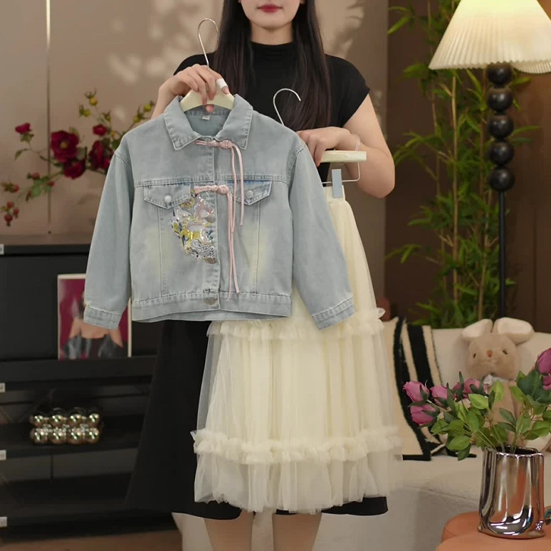 女童春装套装2025新款儿童牛仔外套裙子两件套