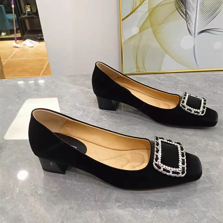 818-59-诗路花语法式中跟浅口单鞋2025春新款方头水钻粗跟高跟鞋