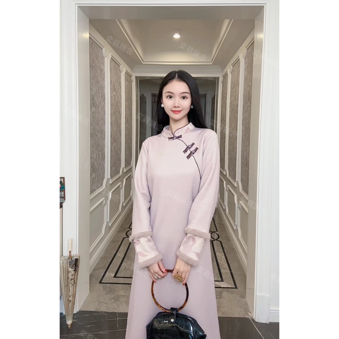 「奕念」《锦瑟》棉感净色拼袖冬季定制款旗袍裙及双层加绒加厚马夹