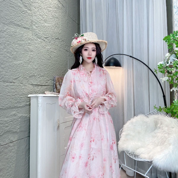 Bikamo/比卡陌2025早春新品气质碎花V领温柔风连衣裙长裙YA8812粉