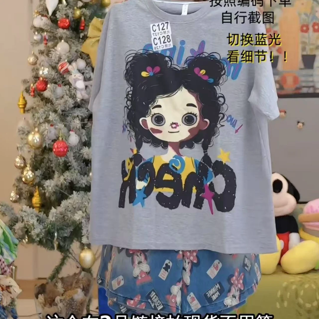 大码女装卷发丸子女孩短袖米奇牛仔短裤套装夏季宽松时尚洋气