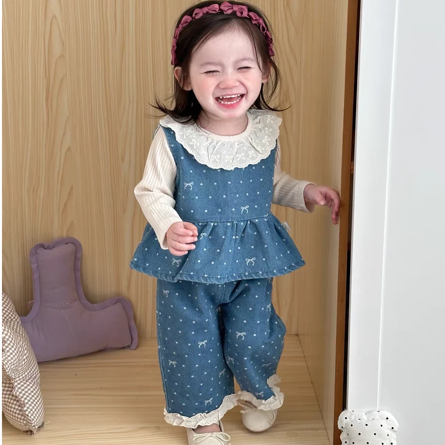 圆点纯色套头韩版2025针织无袖春季甜美春秋款童装小童牛仔三件套