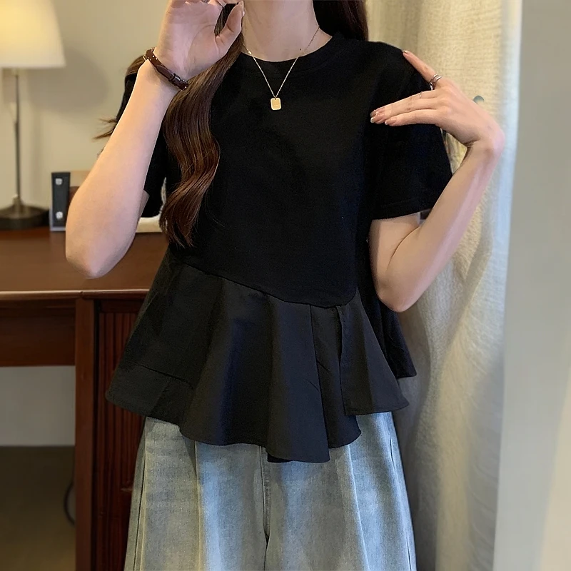 大码女装小众设计感短袖上衣女荷叶边遮肚显瘦拼接t恤衫2024夏季