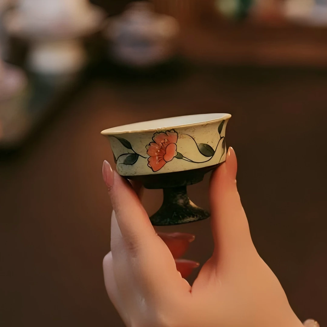 缠枝玉茗青花焦糖釉全手绘釉下彩青云茶斋陶瓷茶具高足杯