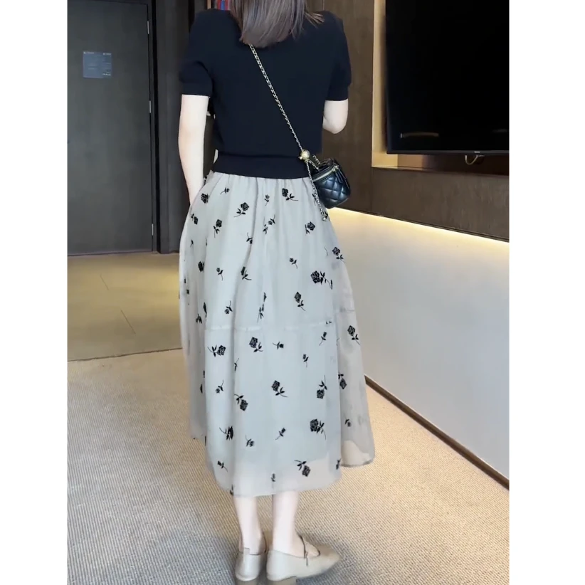 [工厂直销裙子]夏季新款简约高腰显瘦花朵碎花拼接网纱半身裙1125