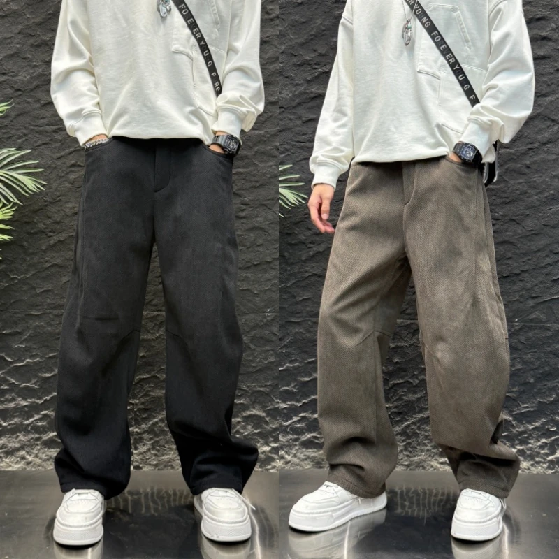 男裤子高街阔腿直筒长裤秋冬男士加绒纯色抽绳潮流舒适通勤风宽松