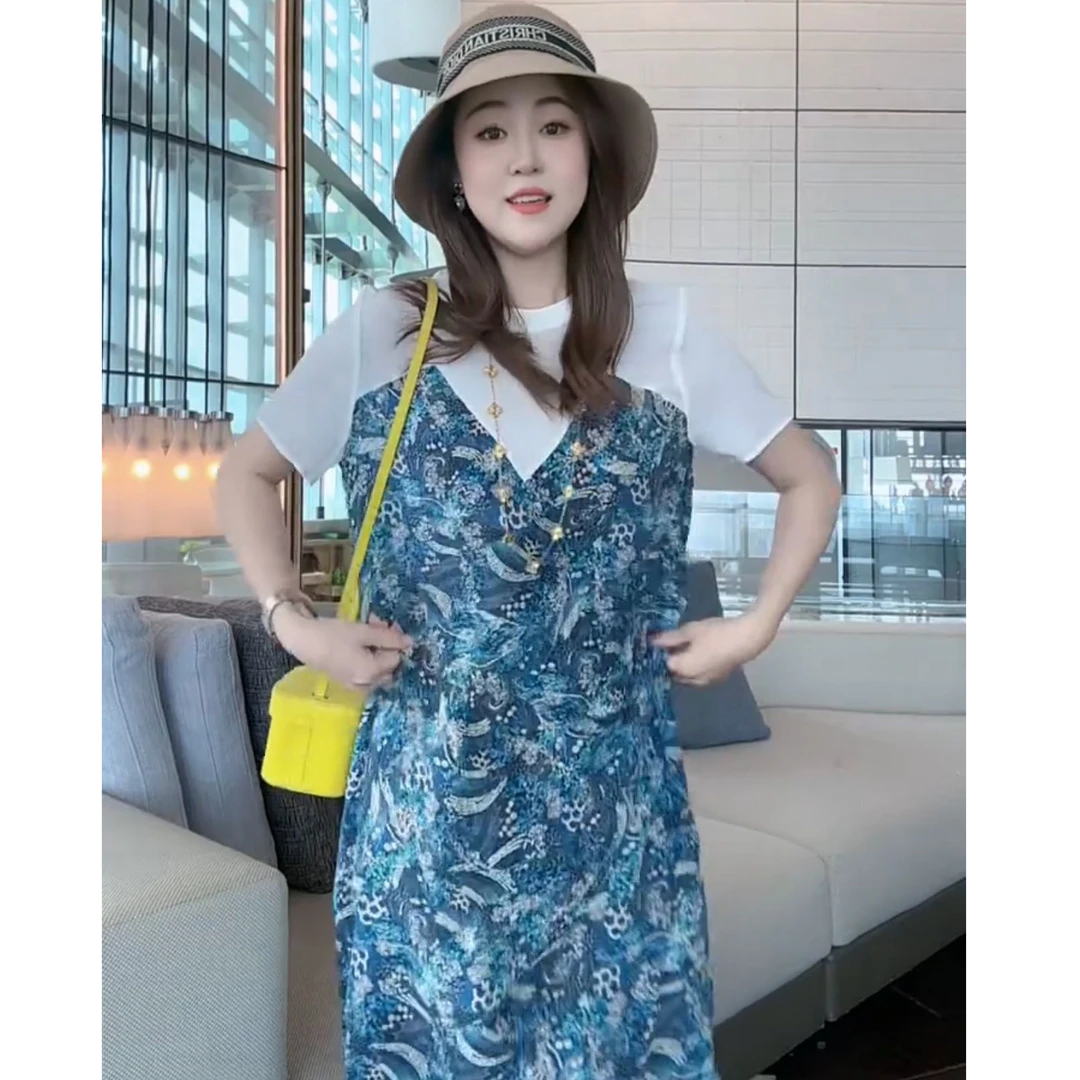 【丝芙玉禄】(S173)100真丝假两件减龄时尚夏季桑蚕丝女装连衣裙