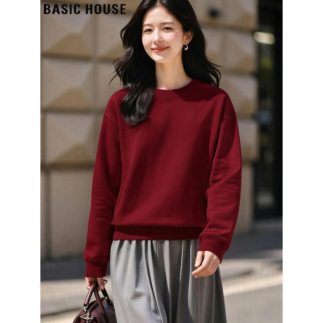 Basic House/百家好高级感红色圆领卫衣女2025冬季慵懒风套头上衣