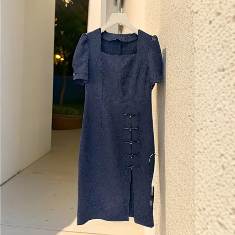 6419#黑【木兮兮专属】2025年夏季新款显瘦方领开叉百搭时尚连衣裙