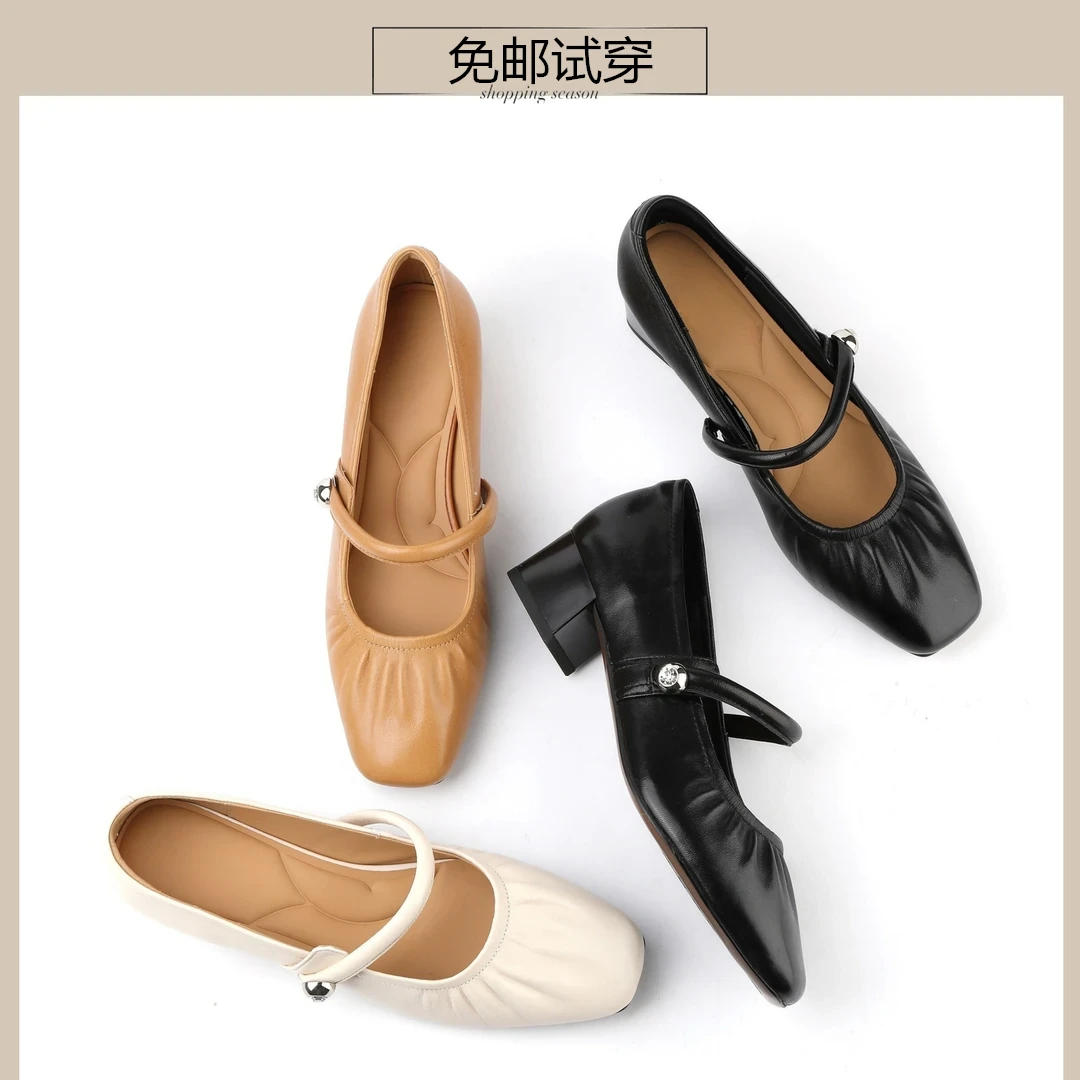 2025春夏新款法式中跟方头浅口单鞋女复古晚晚风粗跟软底玛丽珍鞋