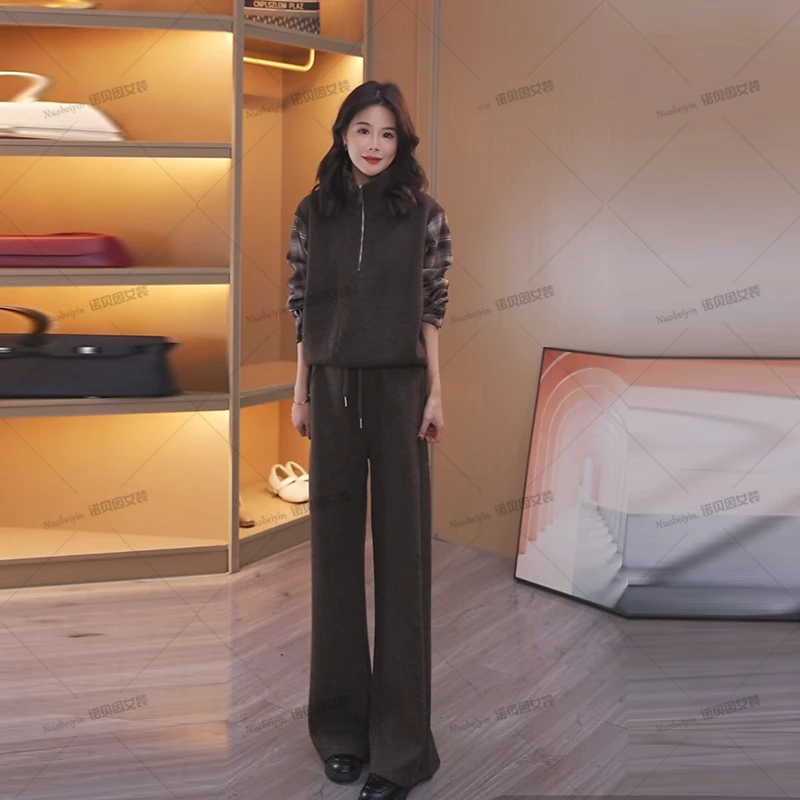 nuobeiyin/诺贝因冬格子拼接上衣裤子洋气百搭两件套装NTS683399