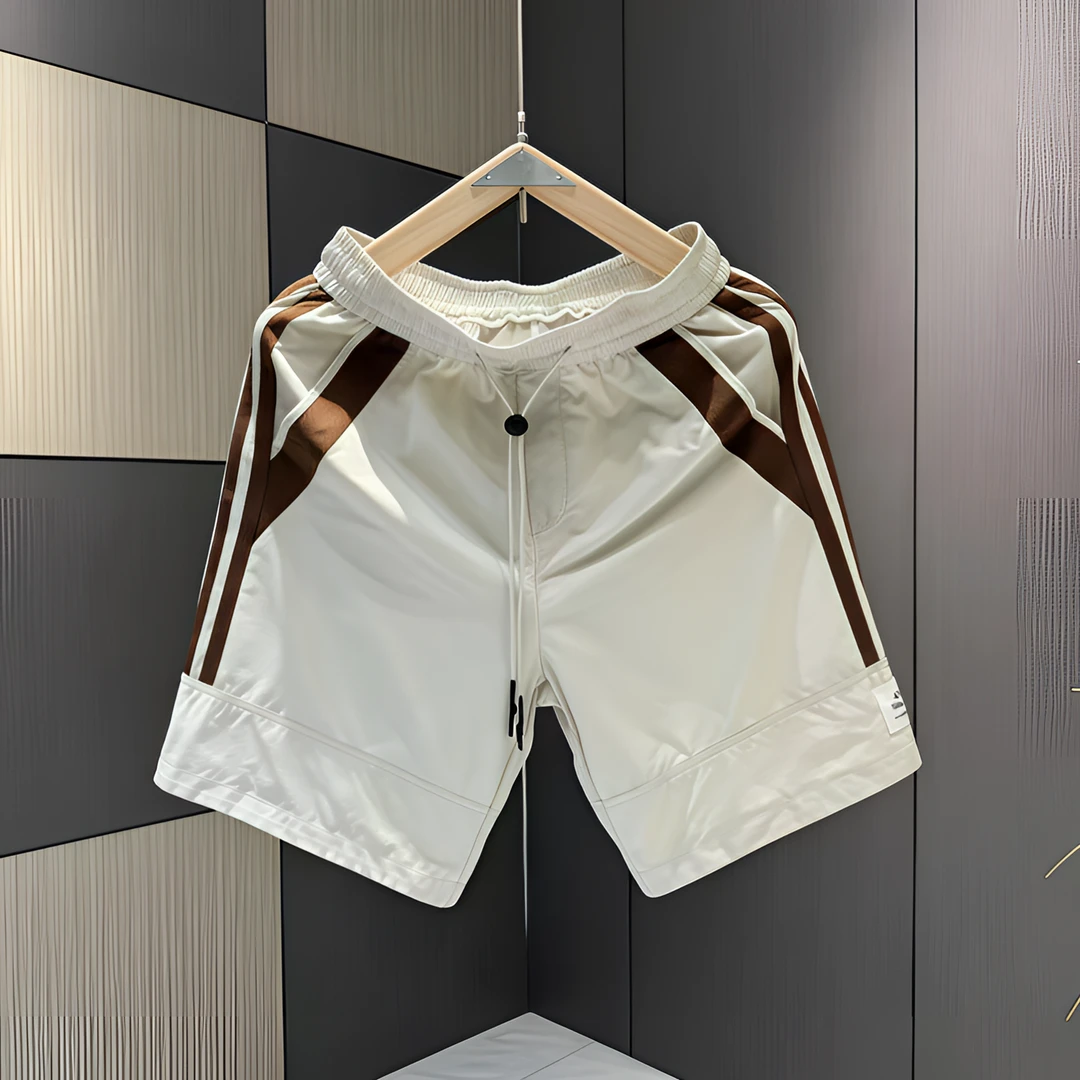 2025夏季条纹拼接运动时尚短裤男士搭透气休闲冰丝速干沙滩五分裤