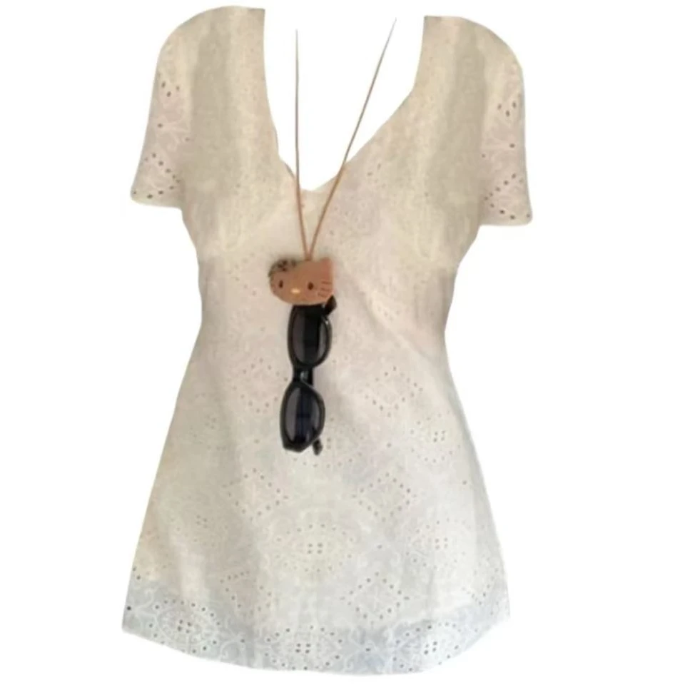 微胖mm纯欲风镂空刺绣蕾丝泡泡袖衬衫女夏系带中长款上衣