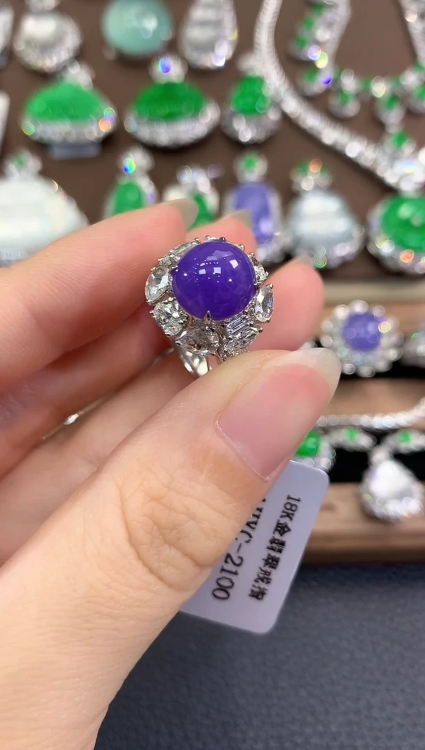 翡翠戒指18K金镶嵌春日珠宝 C30    紫货有色差