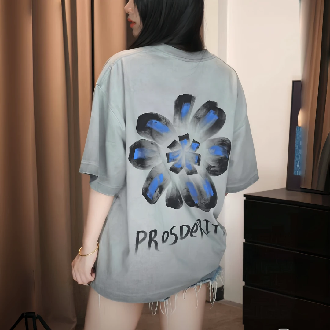 【SSTEE-pr】兽兽学姐洗水做旧纯棉手绘280克重磅水短袖T恤男