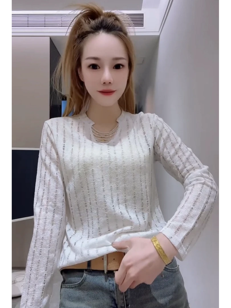 欧货重工珠链V领长袖针织衫女春夏新款设计感薄款微透内搭打底衫t