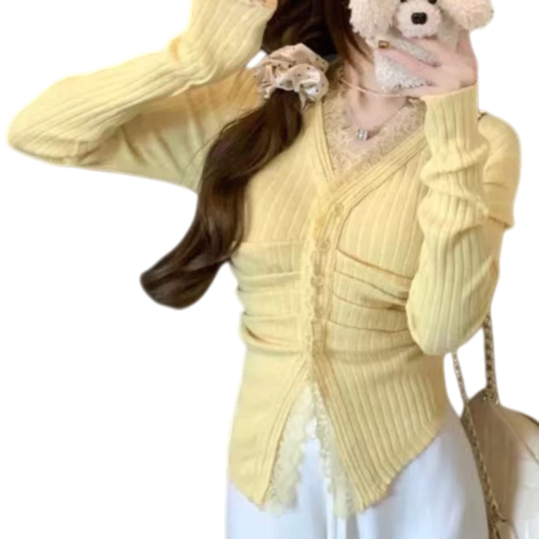 麦麦家 冬季新款韩版气质纯欲风V领拼接女修身显瘦T恤