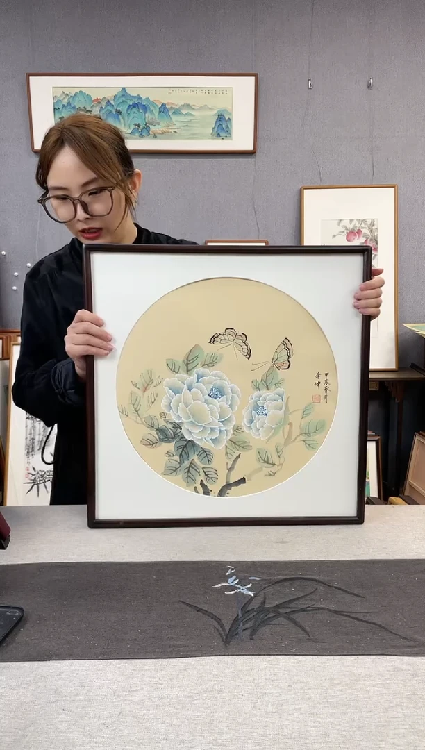 【闪购商品】国画李坤-手绘带框作品-53*53-牡丹