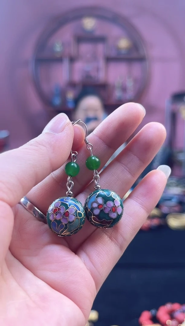 非遗 景泰蓝耳饰 扁珠 绿色