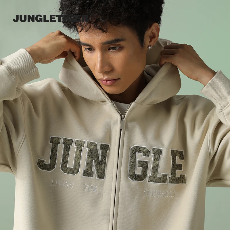 丛林老虎秋冬大LOGO贴布绣开衫卫衣情侣宽松重磅加厚拉链外套男女