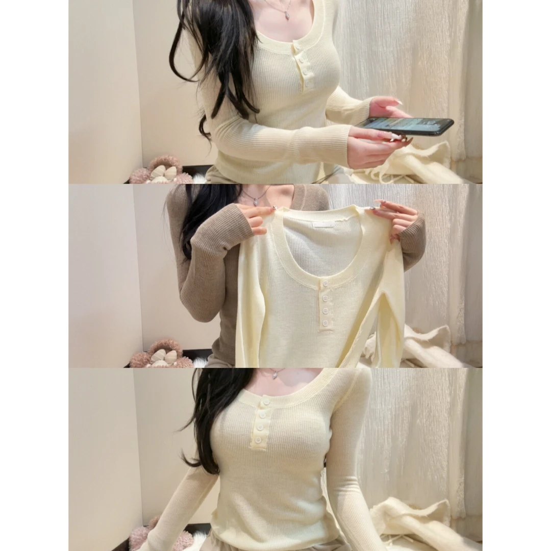 纯欲大U领垂垂感修身半开亨利衫针织女秋季薄款显瘦内搭长袖上衣