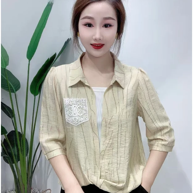 新款洋气显白显瘦拼接假两件七分袖衬衫设计洋气百搭女士休闲上衣