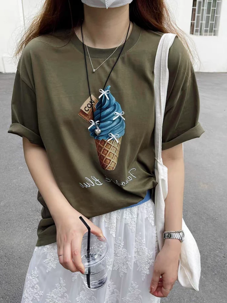 【济州岛】立体蝴蝶结冰淇淋印花短袖