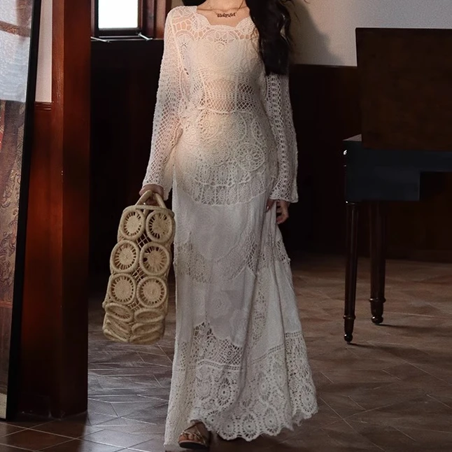 春夏高级感法式蕾丝罩衫上衣月光半身长裙波西米亚度假风套装女