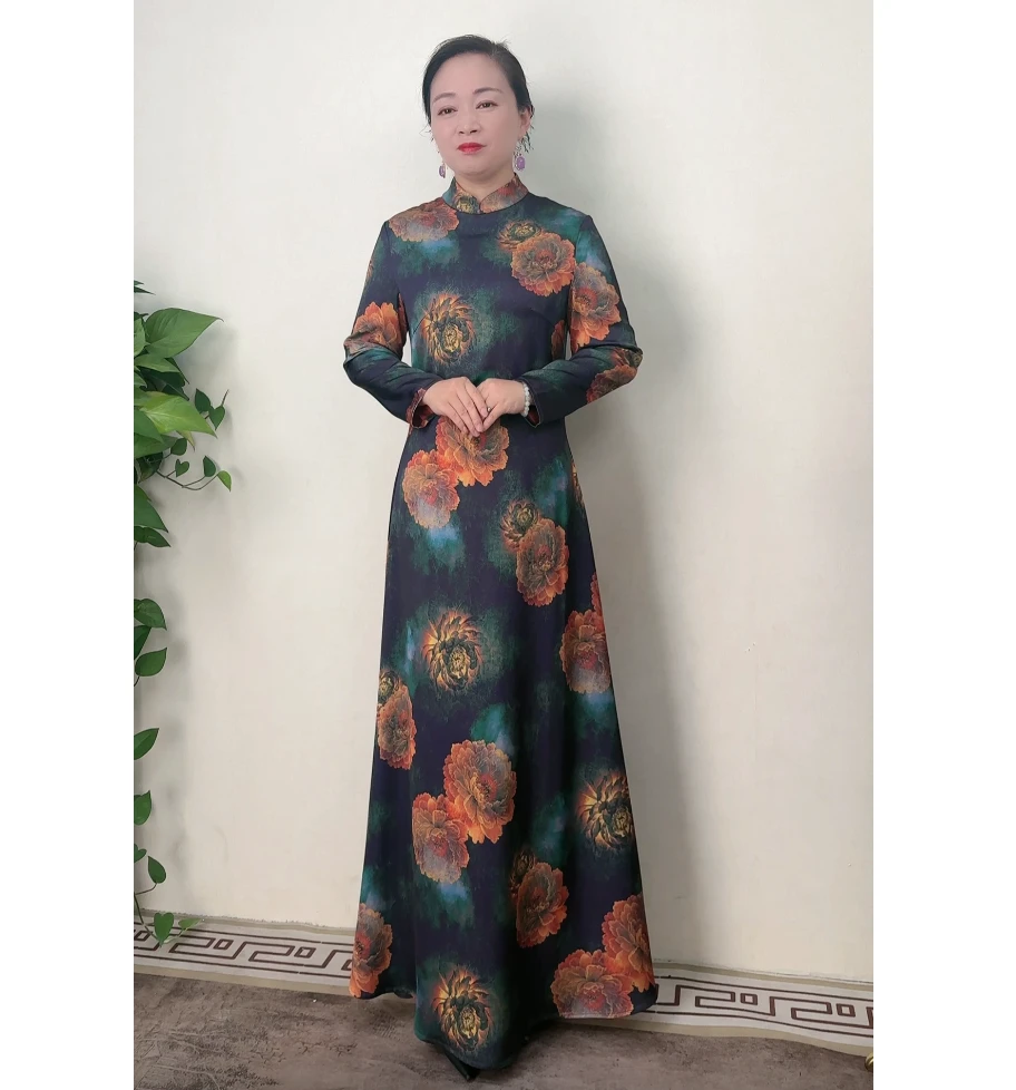 藏青粉牡丹复古气质显瘦夏款修身中国风旗袍裙