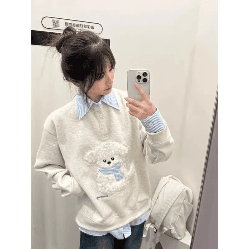 韩版学院风毛绒刺绣翻领卫衣女春秋季情侣薄款polo领假两件套上衣