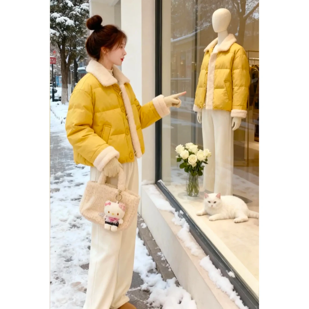 时尚减龄保暖套装女冬季新款韩版翻领拼接棉服外套直筒长裤两件套