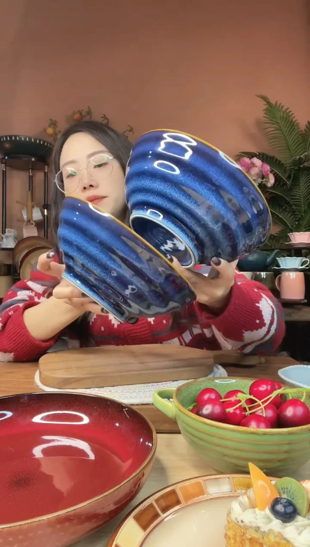 陶瓷8英寸螺纹斗笠碗 2件 微瑕疵