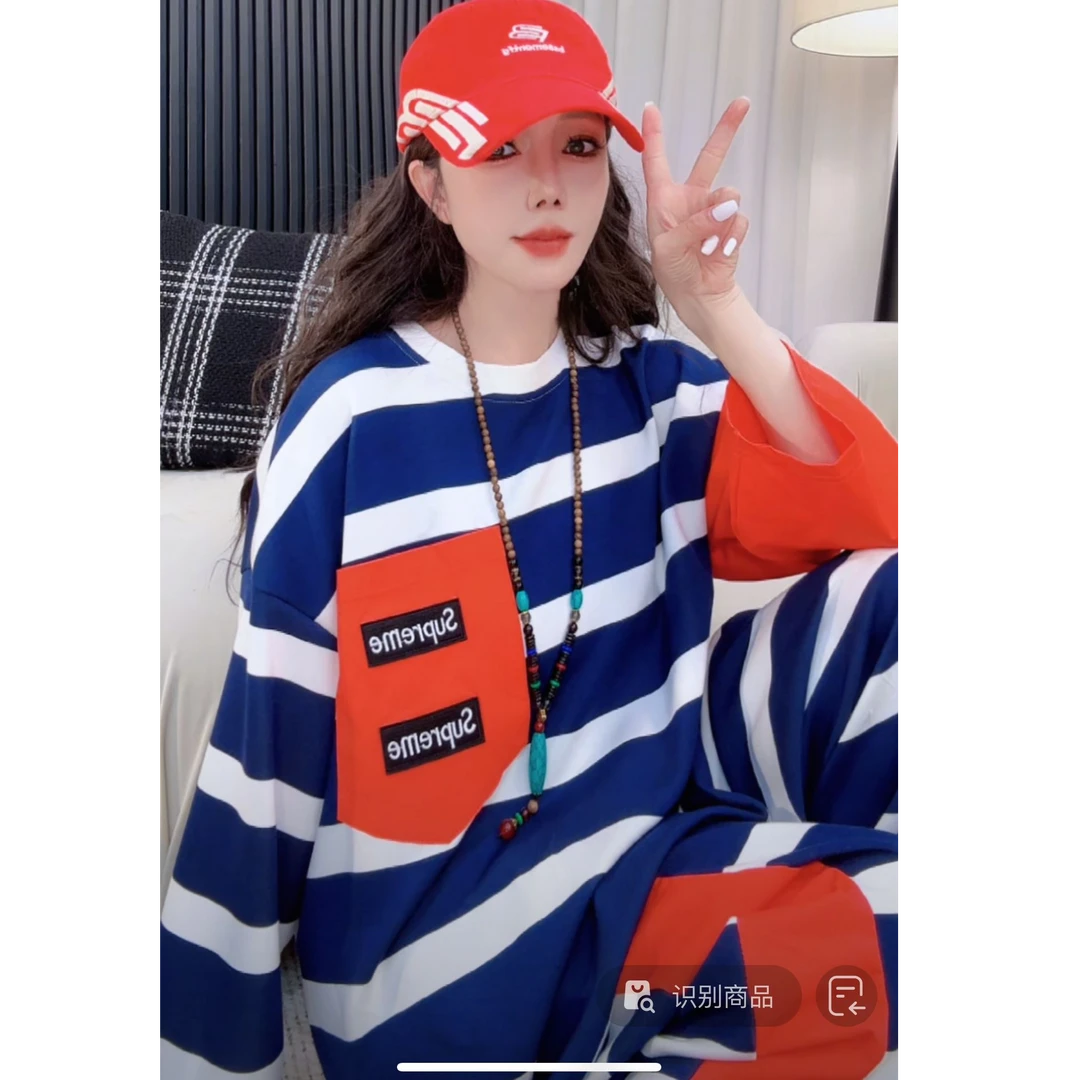 2025春季新款时尚百搭休闲条纹卡通印花短袖套装0760