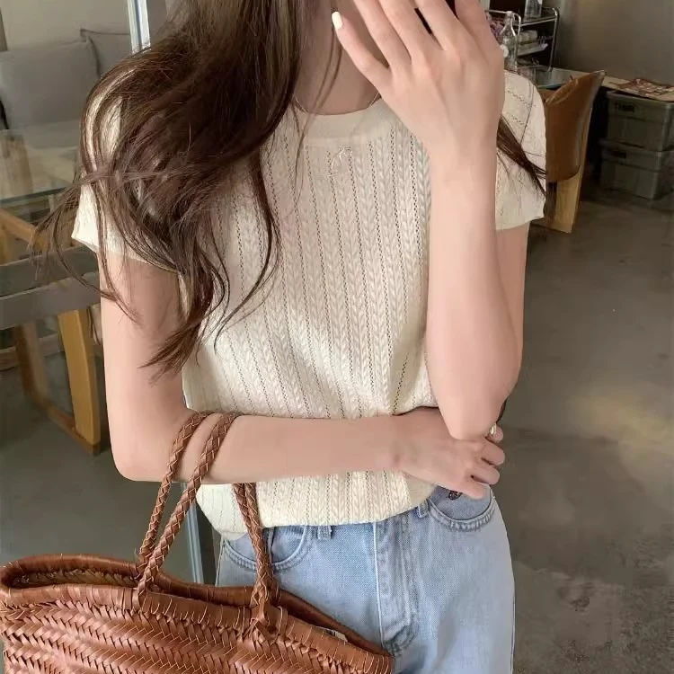 白色麻花镂空韩版针织衫短袖女夏季设计感小个子圆领百搭上衣薄款