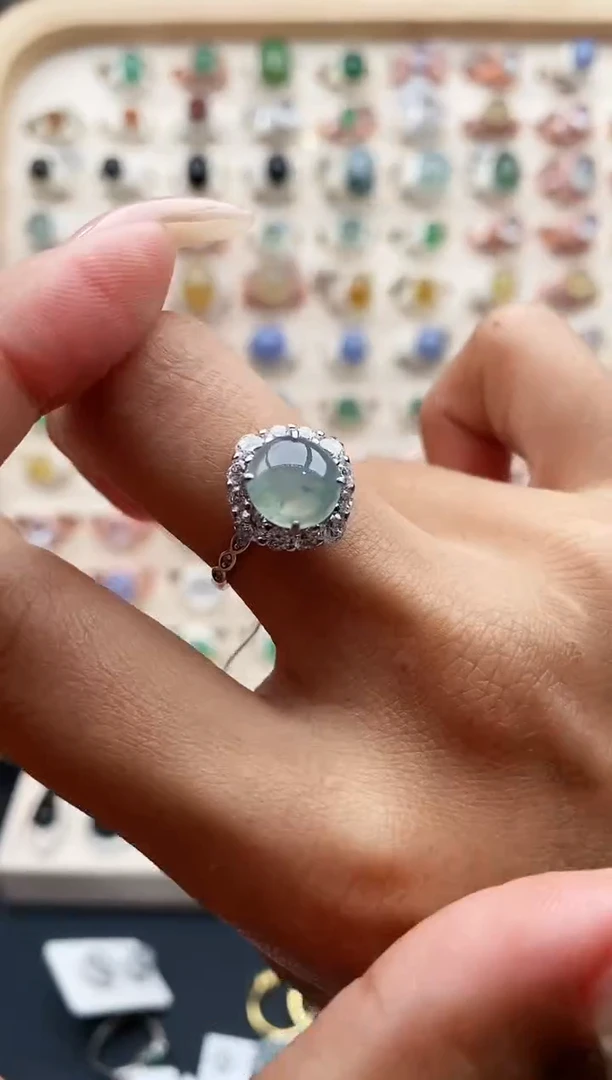 【闪购商品】翡翠戒指银S925镶嵌缅甸天然A货翡翠222  5+8