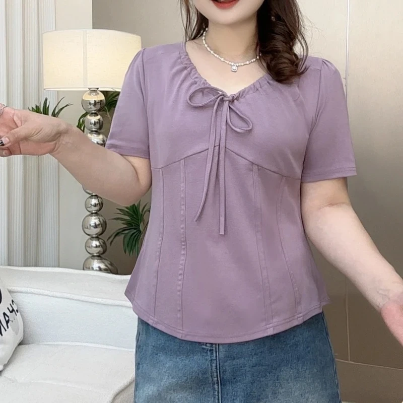 高级感方领鱼骨短袖T恤2025夏季新款大码胖mm显瘦遮肚设计感上衣