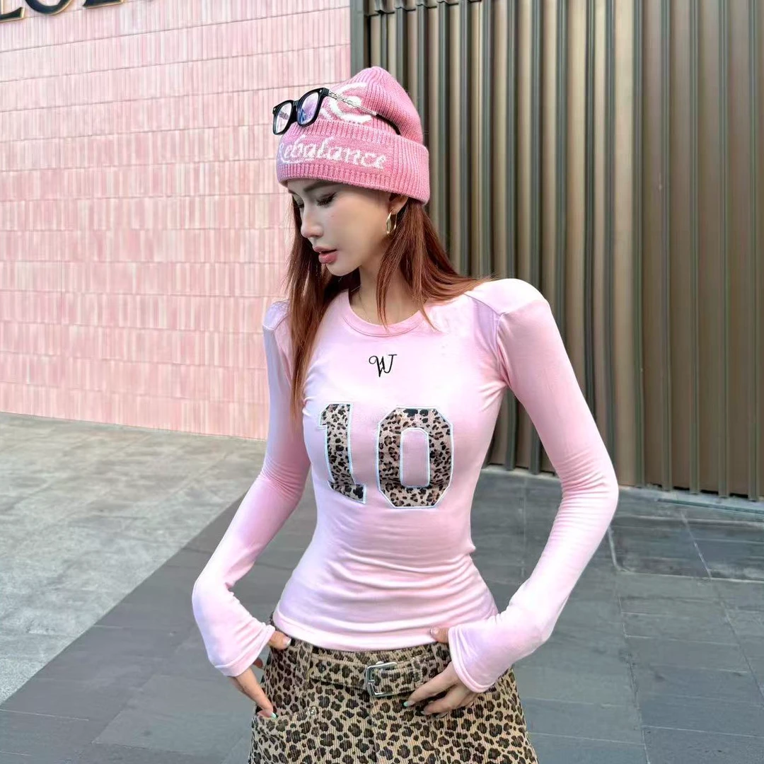 婉君T【豹纹10】显瘦设计感长袖短款时尚T恤上衣LWJ25A1T151