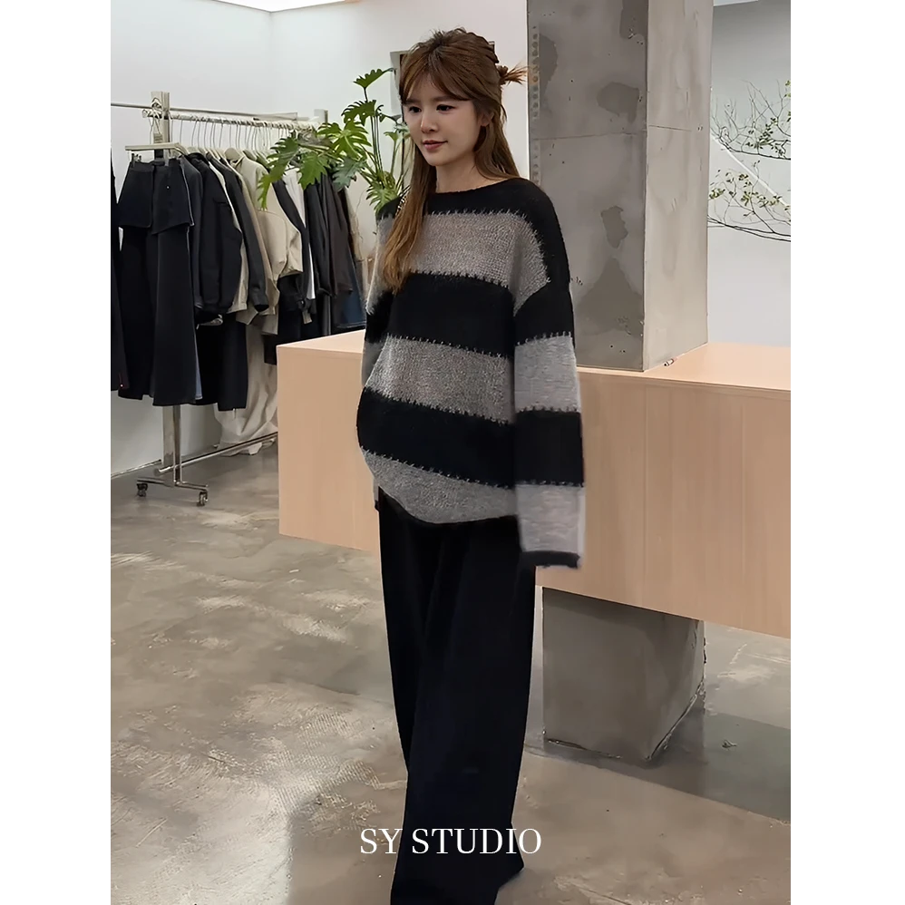 韩风chic一整套慵懒高级感黑灰条纹套头毛衣高腰糯米休闲裤两件套