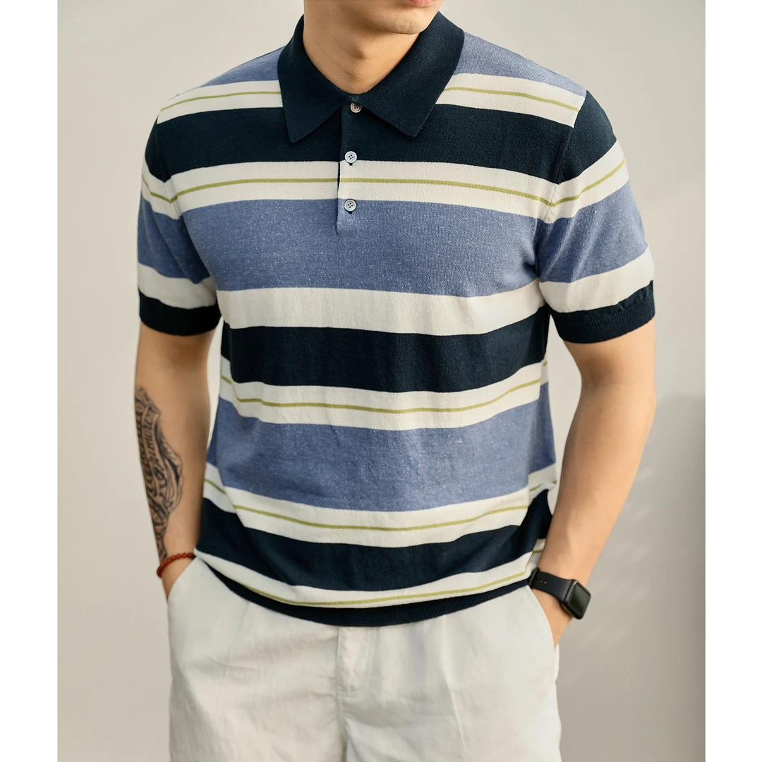 奥兰德保罗通勤条纹撞色针织Polo衫男夏季亲肤莱赛尔亚麻翻领T恤