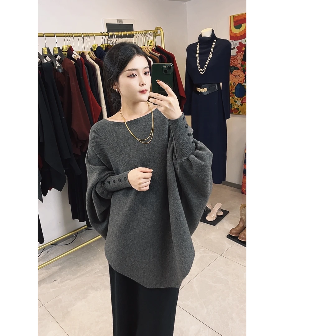 G.M秋季蝙蝠袖斗篷毛衣气质显瘦针织套装#22390