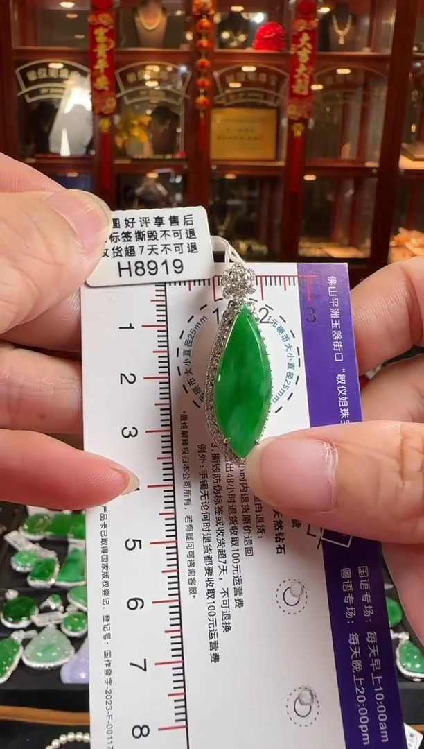 颈饰18K金镶嵌翡翠H8919冰辣绿滴水