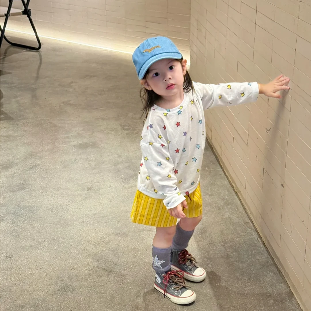 壹妈童装女童时髦套装夏季新款洋气儿童长袖防晒衫黄色条纹短裤
